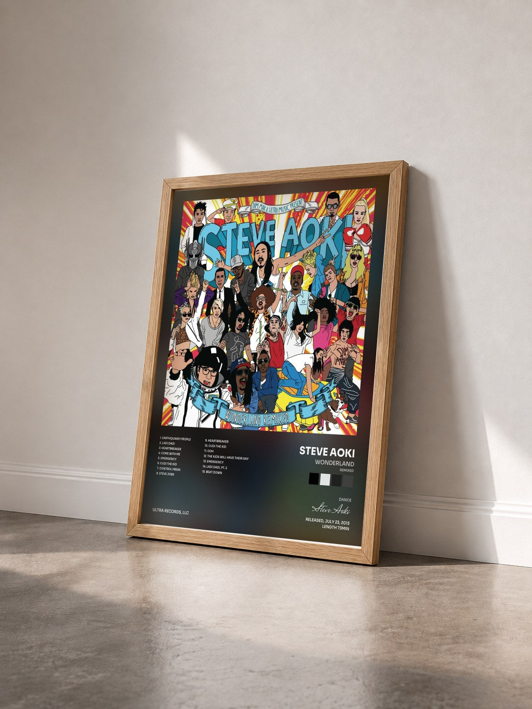 #bois Tableau de l'album Wonderland (Remixed) de Steve Aoki vu de trois quarts, cadre en bois brut