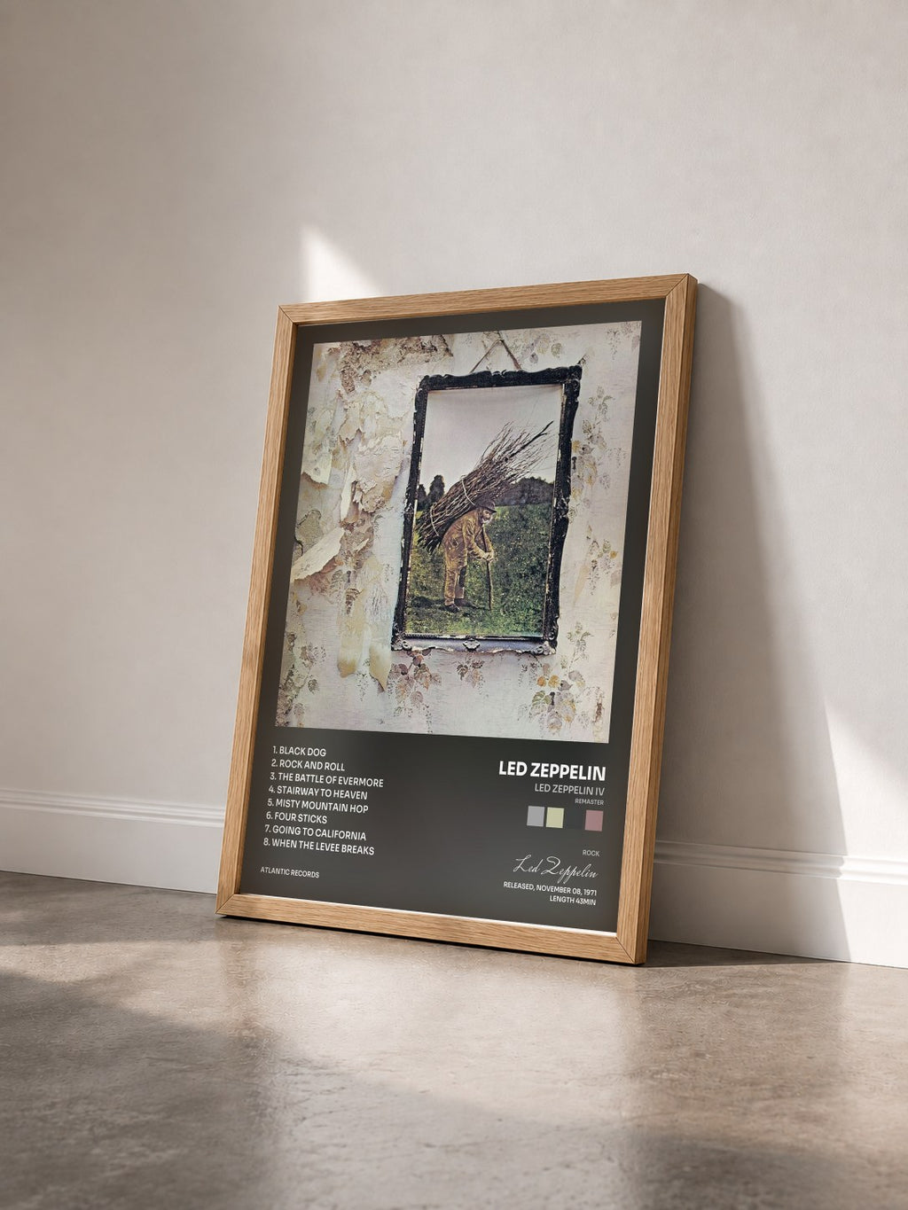 #bois Tableau de l'album Led Zeppelin IV (Remaster) de Led Zeppelin vu de trois quarts, cadre en bois brut