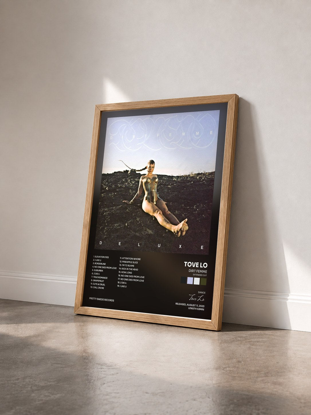 #bois Tableau de l'album Dirt Femme (Extended Cut) de Tove Lo vu de trois quarts, cadre en bois brut