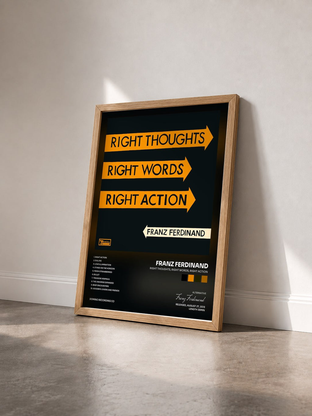 #bois Tableau de l'album Right Thoughts, Right Words, Right Action de Franz Ferdinand vu de trois quarts, cadre en bois brut