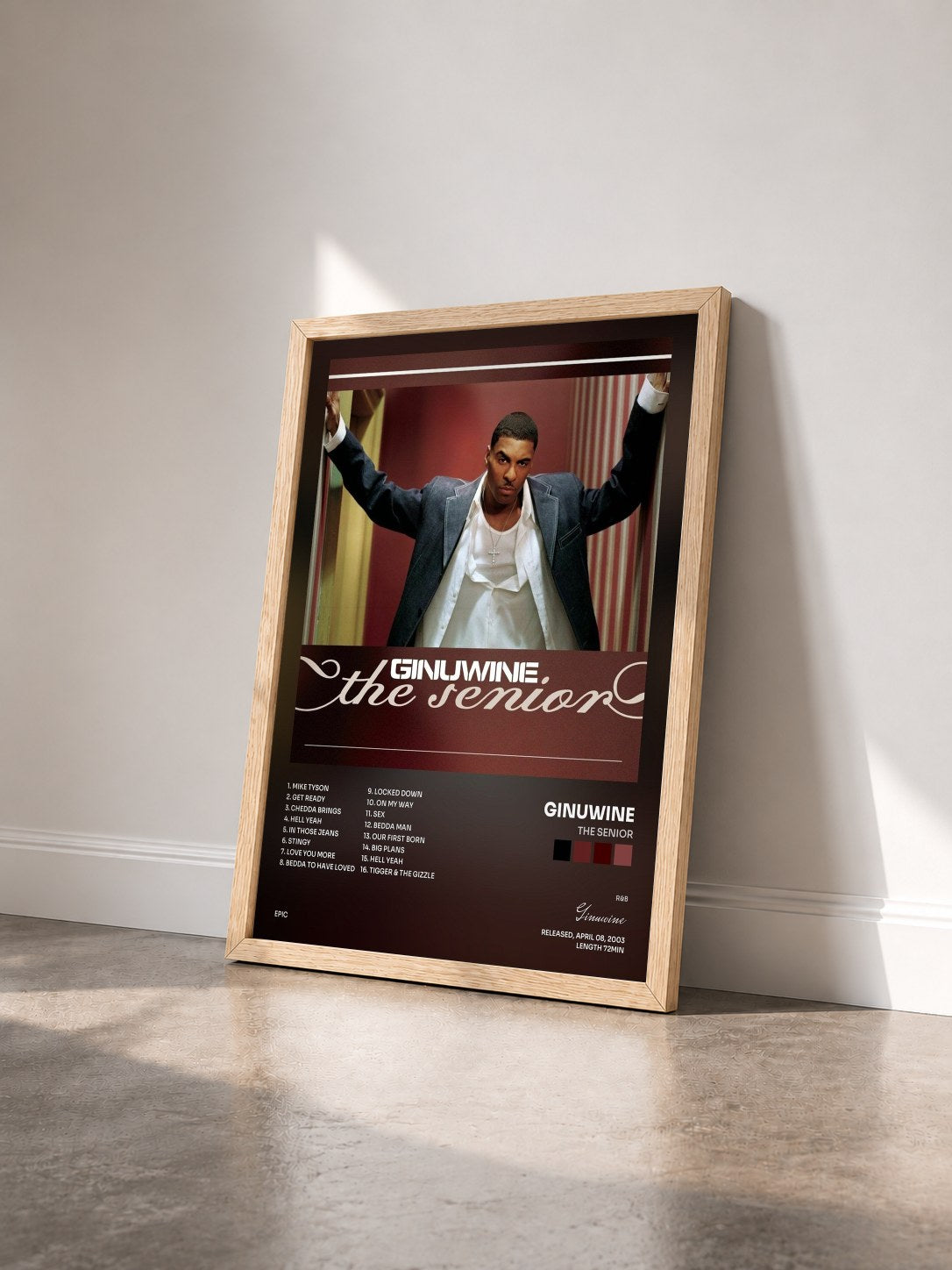 #bois Tableau de l'album The Senior de Ginuwine vu de trois quarts, cadre en bois brut