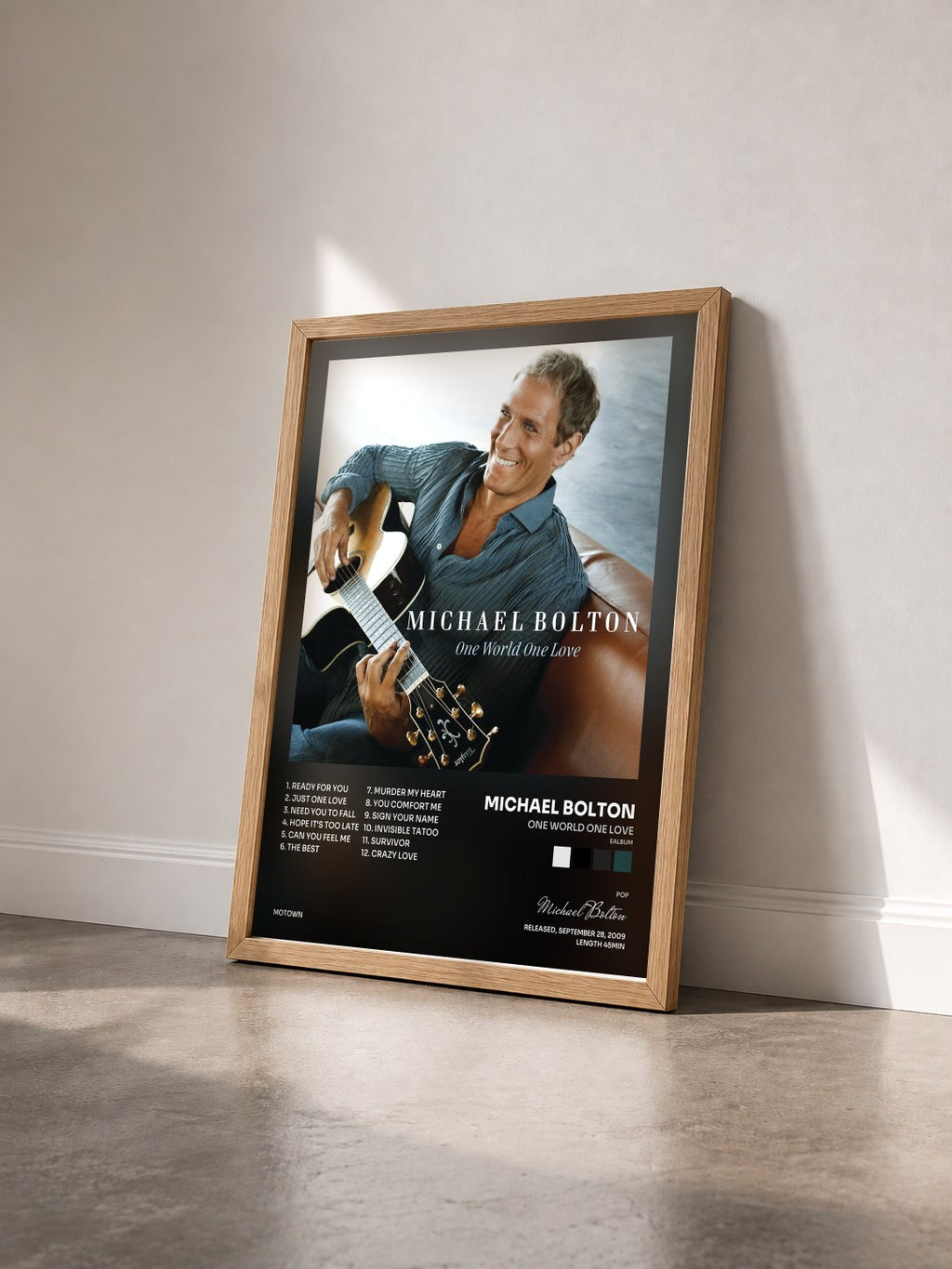 #bois Tableau de l'album One World One Love (eAlbum) de Michael Bolton vu de trois quarts, cadre en bois brut