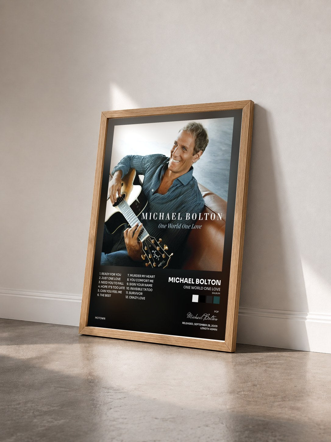#bois Tableau de l'album One World One Love (eAlbum) de Michael Bolton vu de trois quarts, cadre en bois brut