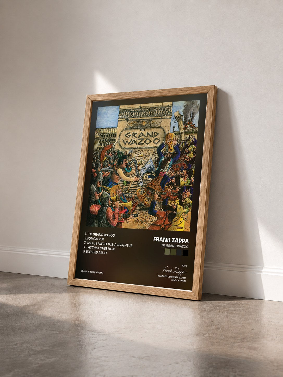#bois Tableau de l'album The Grand Wazoo de Frank Zappa vu de trois quarts, cadre en bois brut