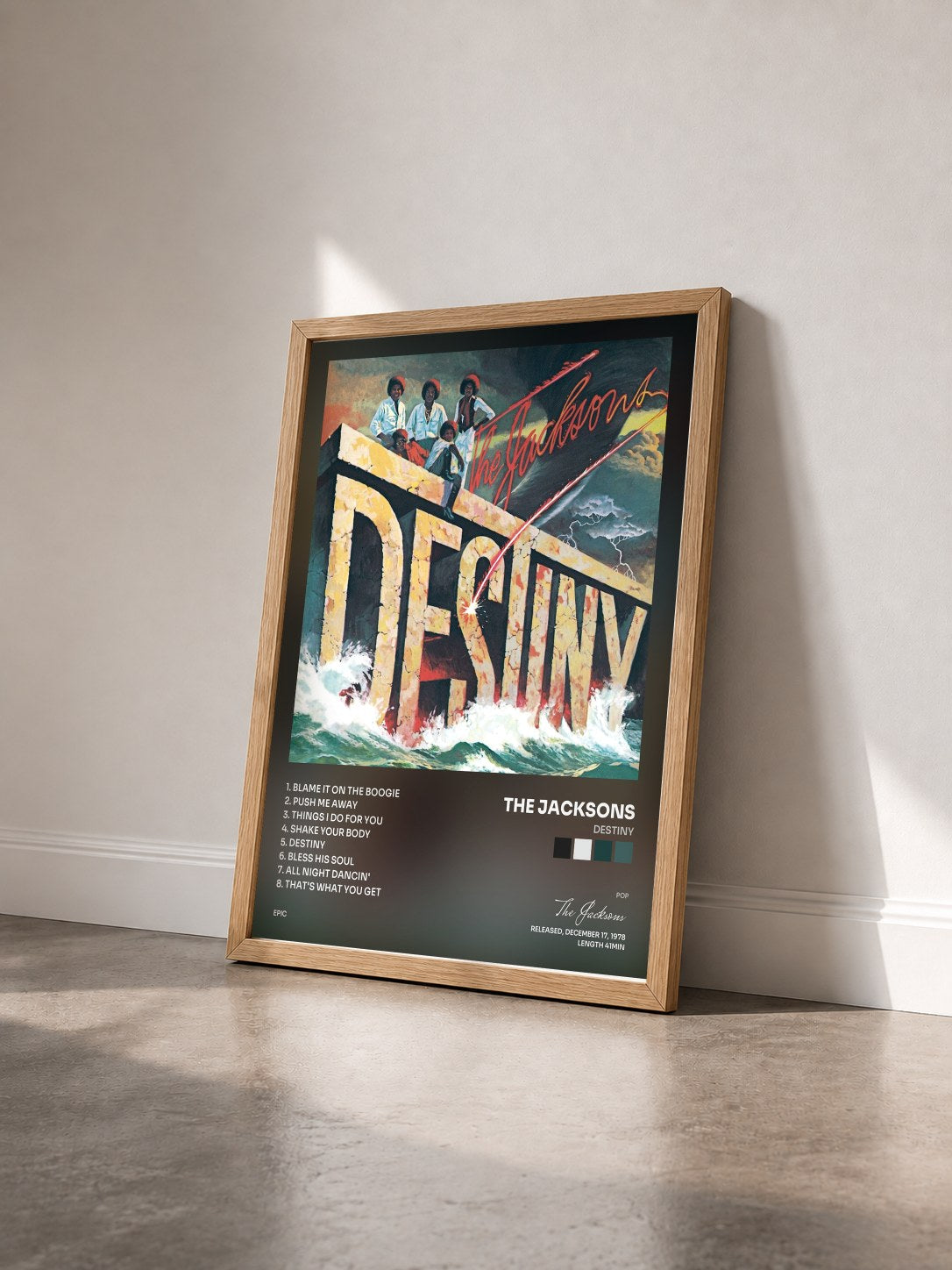 #bois Tableau de l'album Destiny de The Jacksons vu de trois quarts, cadre en bois brut