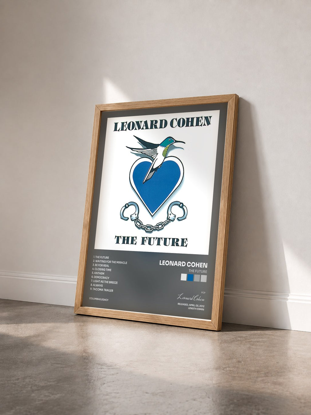 #bois Tableau de l'album The Future de Leonard Cohen vu de trois quarts, cadre en bois brut