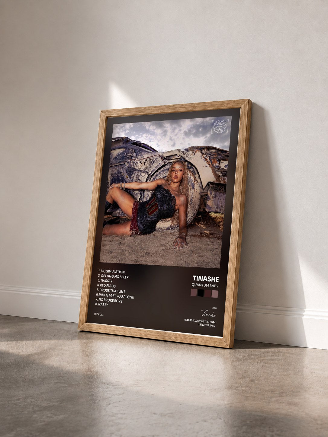#bois Tableau de l'album Quantum Baby de Tinashe vu de trois quarts, cadre en bois brut