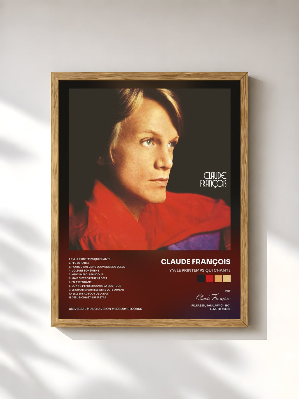 #bois Tableau de l'album Y'a le printemps qui chante de Claude François, cadre en bois brut, imprimé et encadré en France