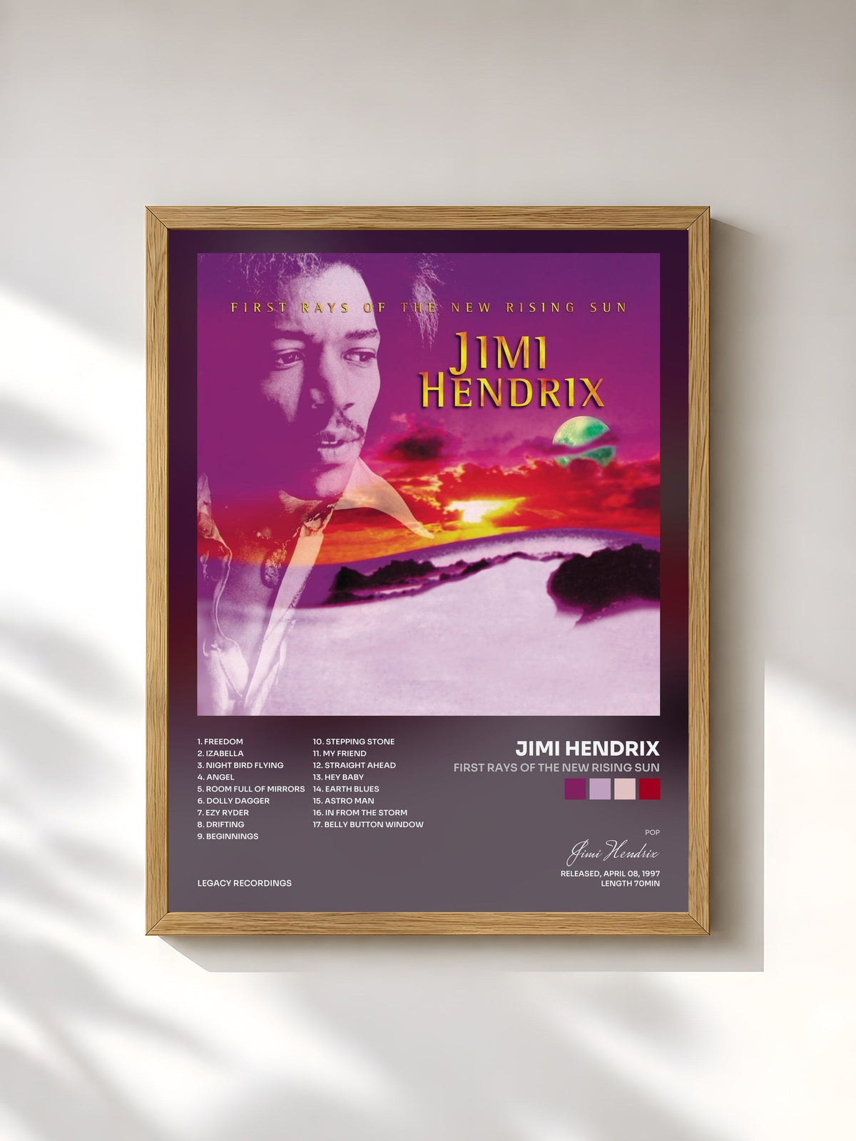#bois Tableau de l'album First Rays Of The New Rising Sun de Jimi Hendrix, cadre en bois brut, imprimé et encadré en France