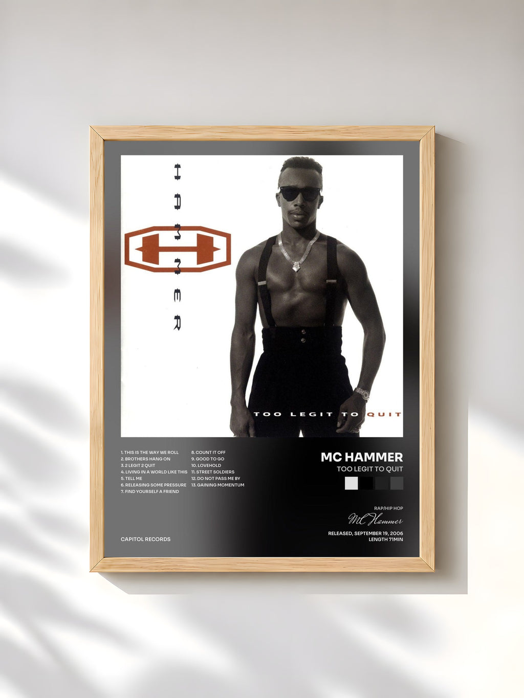 #bois Tableau de l'album Too Legit To Quit de MC Hammer, cadre en bois brut, imprimé et encadré en France