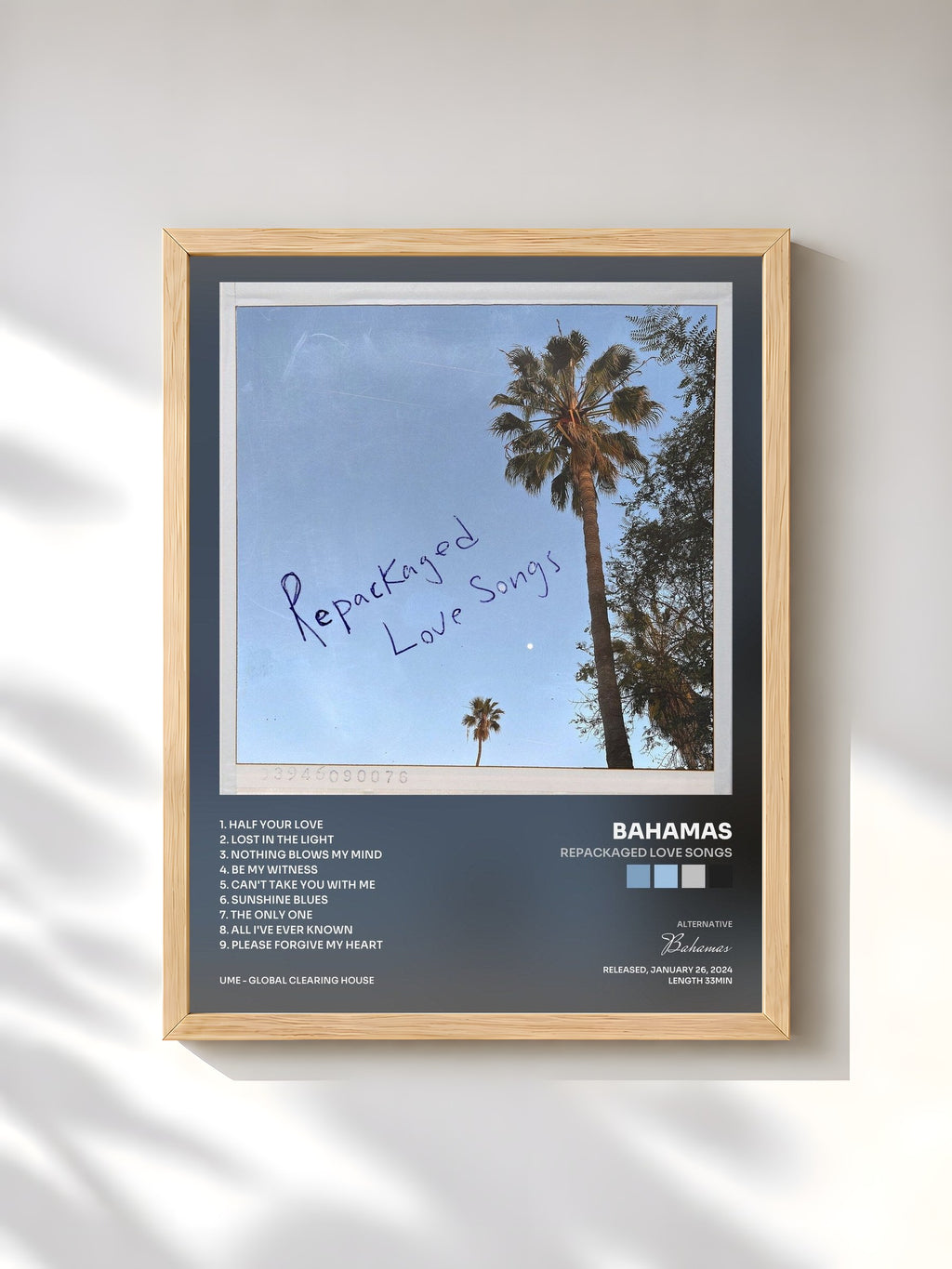 #bois Tableau de l'album Repackaged Love Songs de Bahamas, cadre en bois brut, imprimé et encadré en France