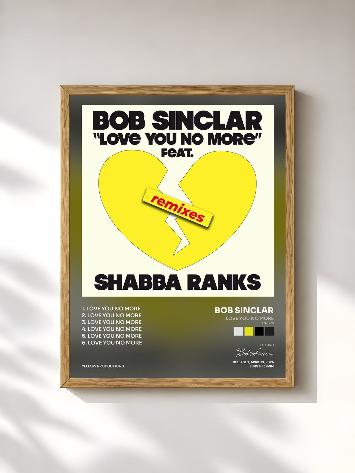 #bois Tableau de l'album Love You No More (Remixes) de Bob Sinclar, cadre en bois brut, imprimé et encadré en France