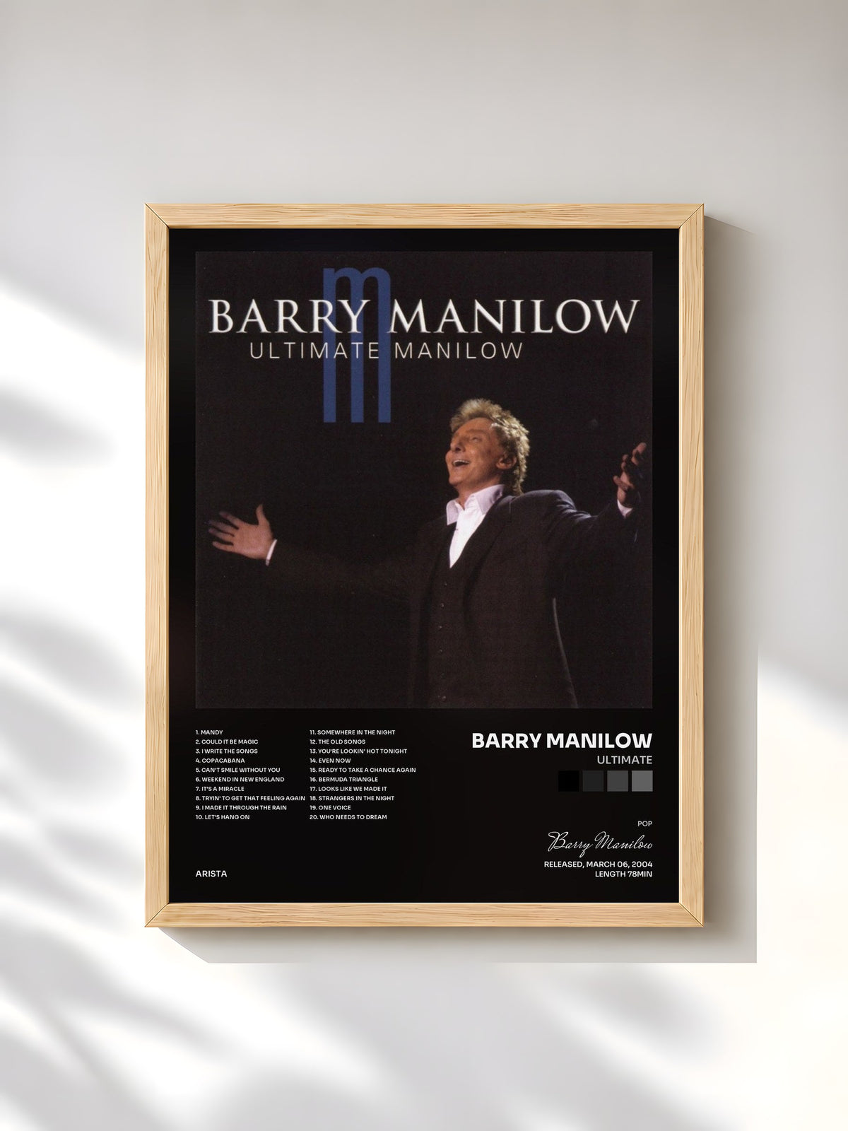 #bois Tableau de l'album Ultimate de Barry Manilow, cadre en bois brut, imprimé et encadré en France