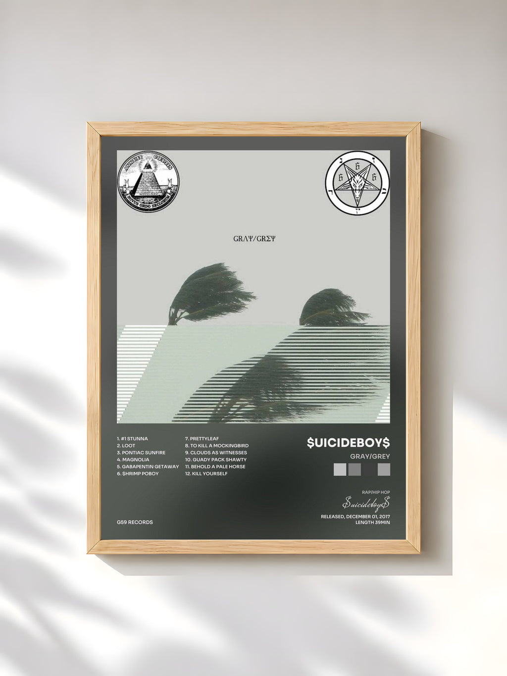 #bois Tableau de l'album Gray/Grey de $uicideboy$, cadre en bois brut, imprimé et encadré en France