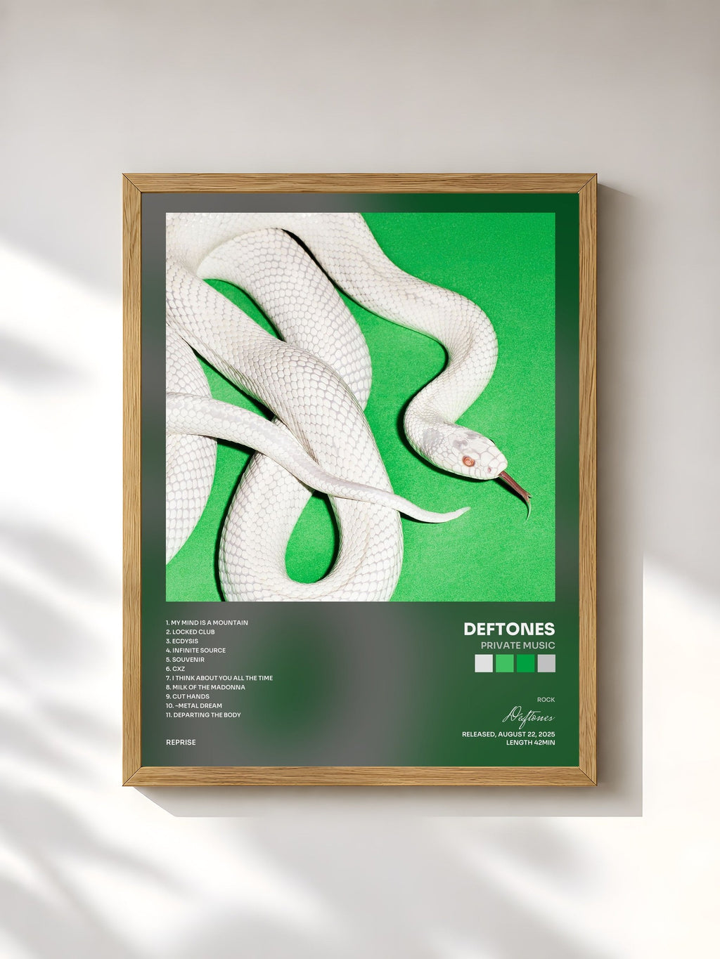 #bois Tableau de l'album private music de Deftones, cadre en bois brut, imprimé et encadré en France