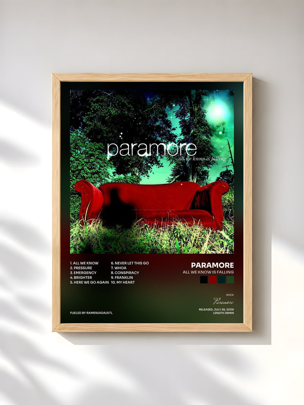 #bois Tableau de l'album All We Know Is Falling de Paramore, cadre en bois brut, imprimé et encadré en France