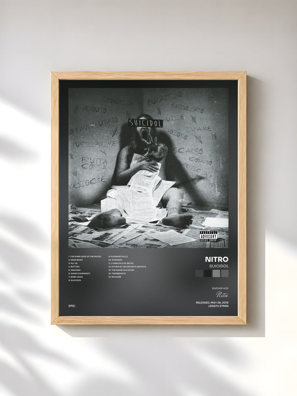 #bois Tableau de l'album Suicidol de Nitro, cadre en bois brut, imprimé et encadré en France