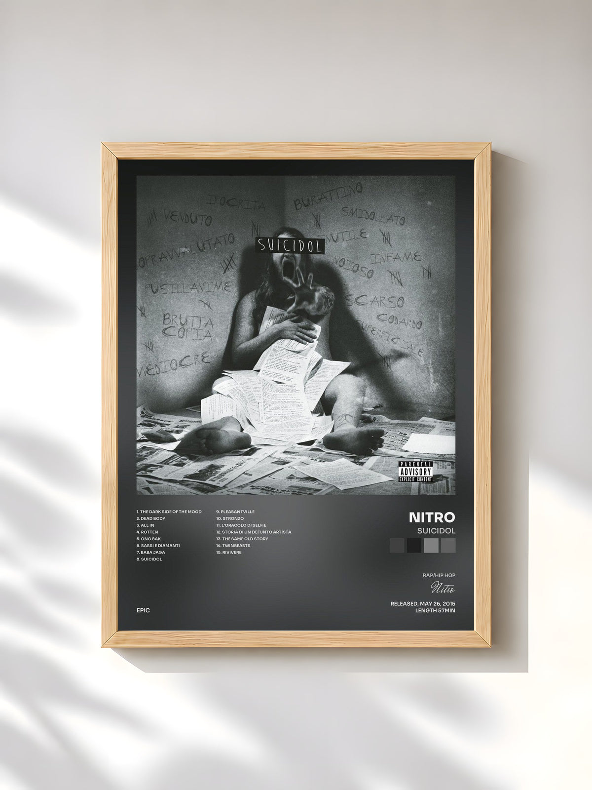 #bois Tableau de l'album Suicidol de Nitro, cadre en bois brut, imprimé et encadré en France