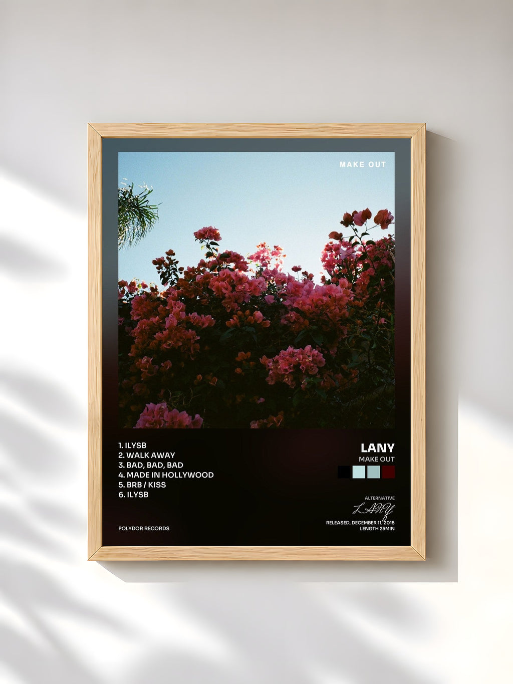 #bois Tableau de l'album Make Out de LANY, cadre en bois brut, imprimé et encadré en France