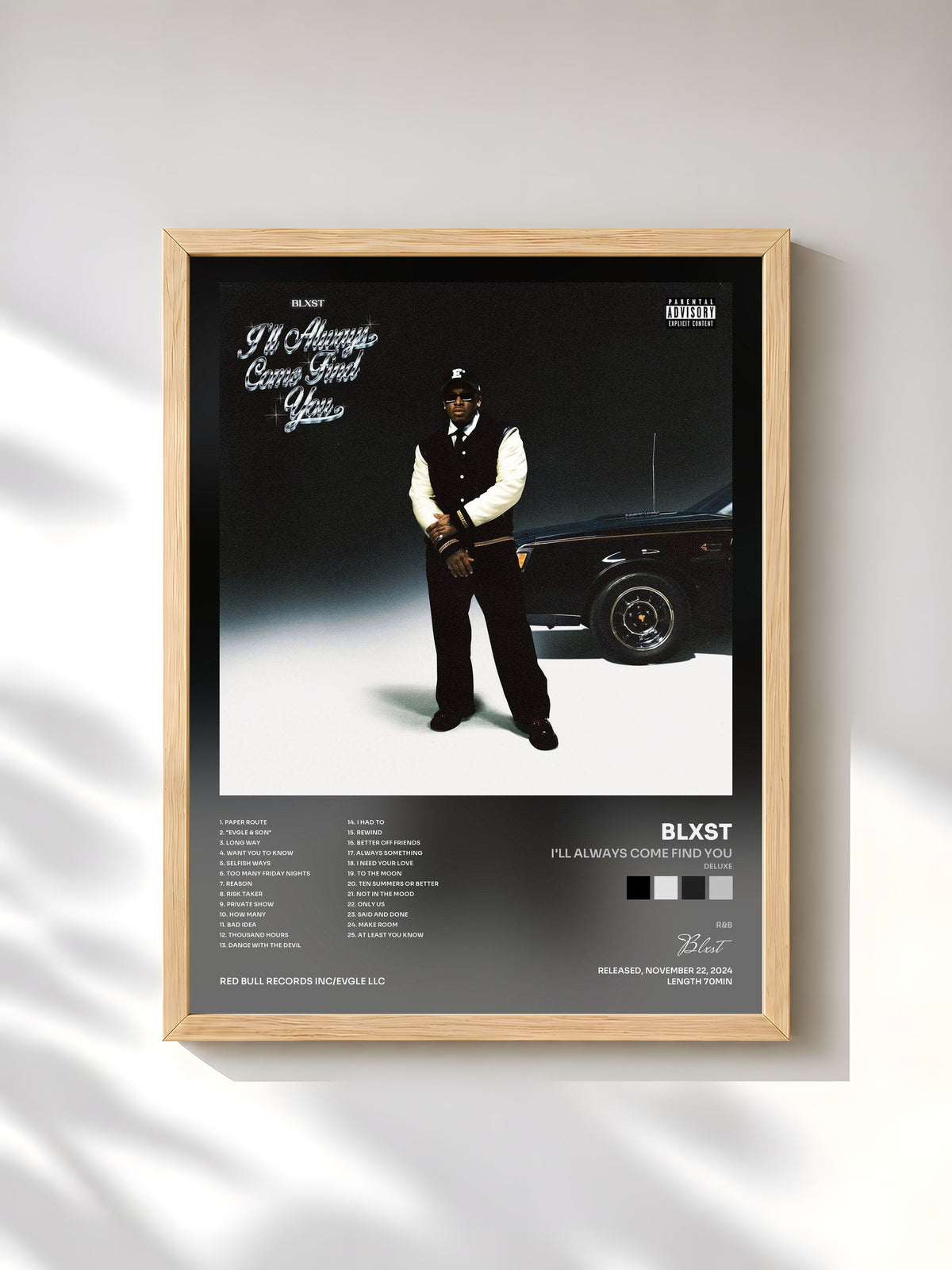 #bois Tableau de l'album I'll Always Come Find You (Deluxe) de Blxst, cadre en bois brut, imprimé et encadré en France
