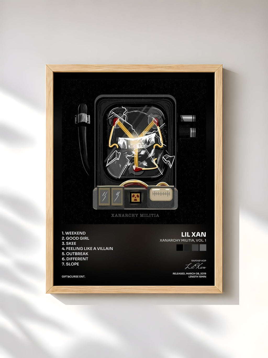 #bois Tableau de l'album Xanarchy Militia, Vol. 1 de Lil Xan, cadre en bois brut, imprimé et encadré en France