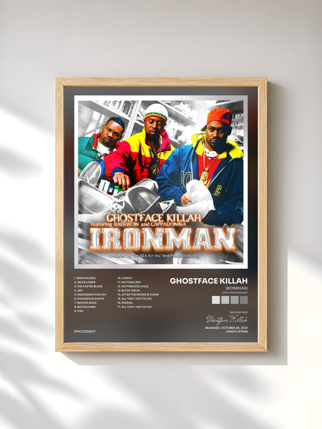 #bois Tableau de l'album Ironman (25th Anniversary) de Ghostface Killah, cadre en bois brut, imprimé et encadré en France