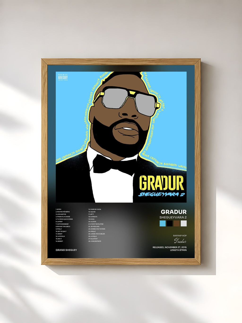 #bois Tableau de l'album ShegueyVara 2 de Gradur, cadre en bois brut, imprimé et encadré en France