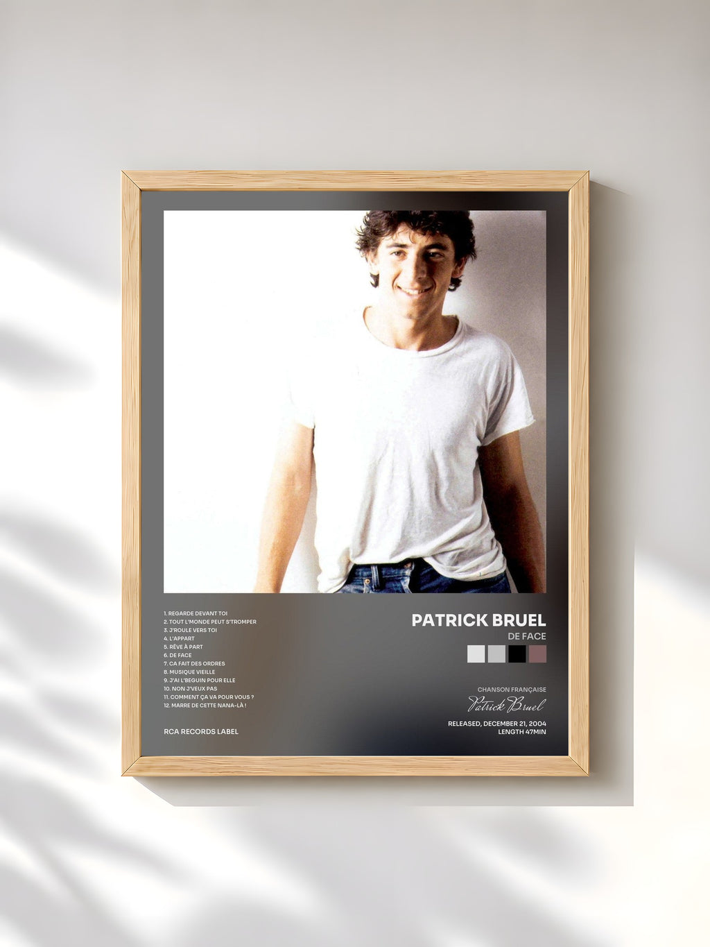 #bois Tableau de l'album De Face de Patrick Bruel, cadre en bois brut, imprimé et encadré en France