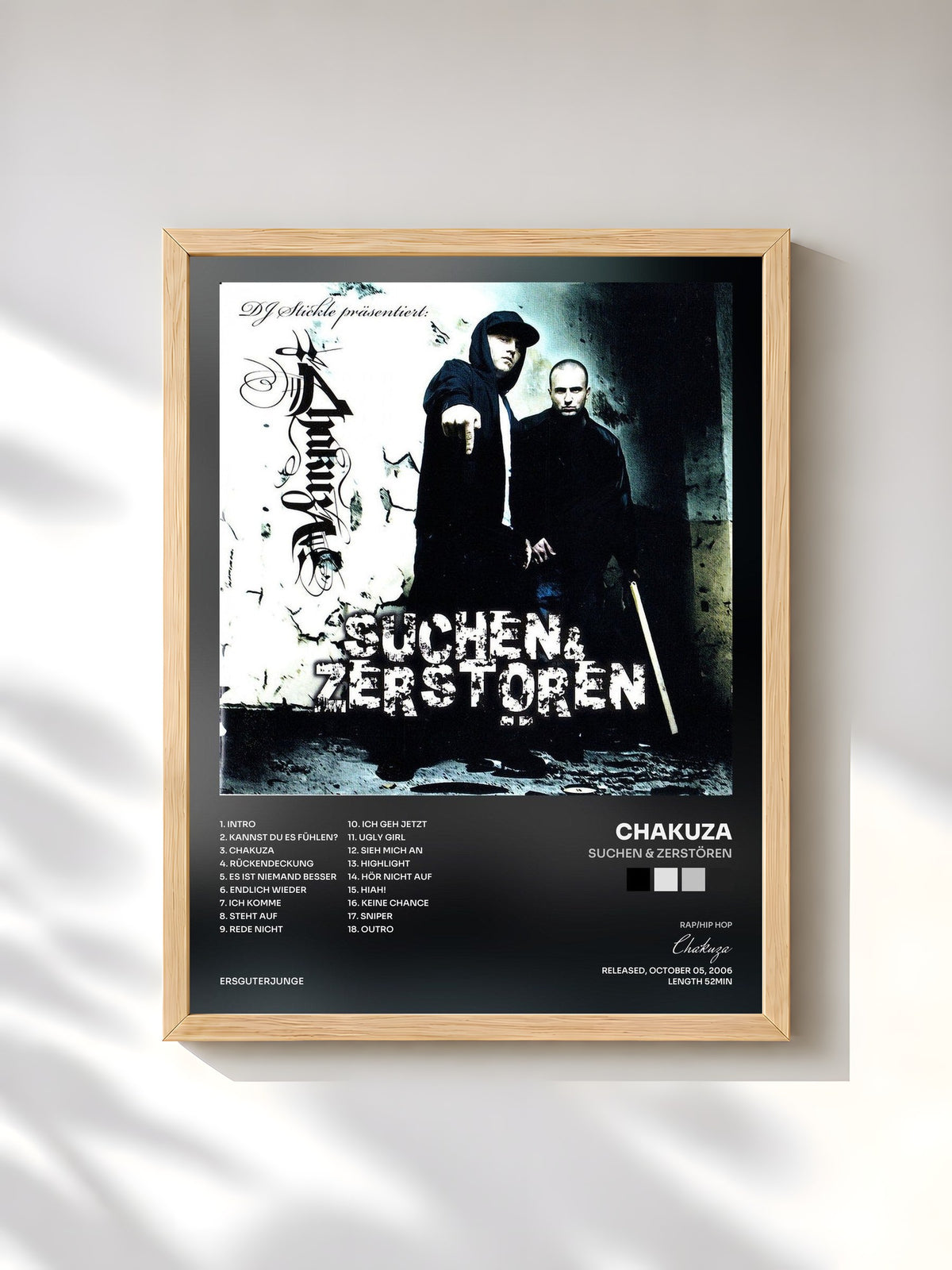 #bois Tableau de l'album Suchen & Zerstören de Chakuza, cadre en bois brut, imprimé et encadré en France