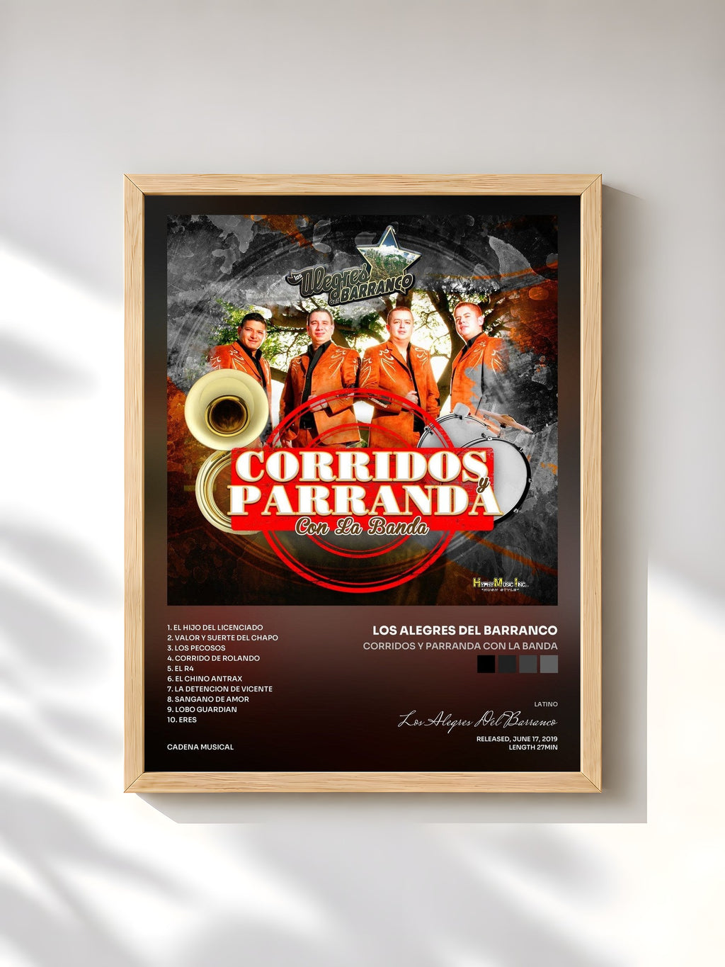 #bois Tableau de l'album Corridos y Parranda Con La Banda de Los Alegres Del Barranco, cadre en bois brut, imprimé et encadré en France
