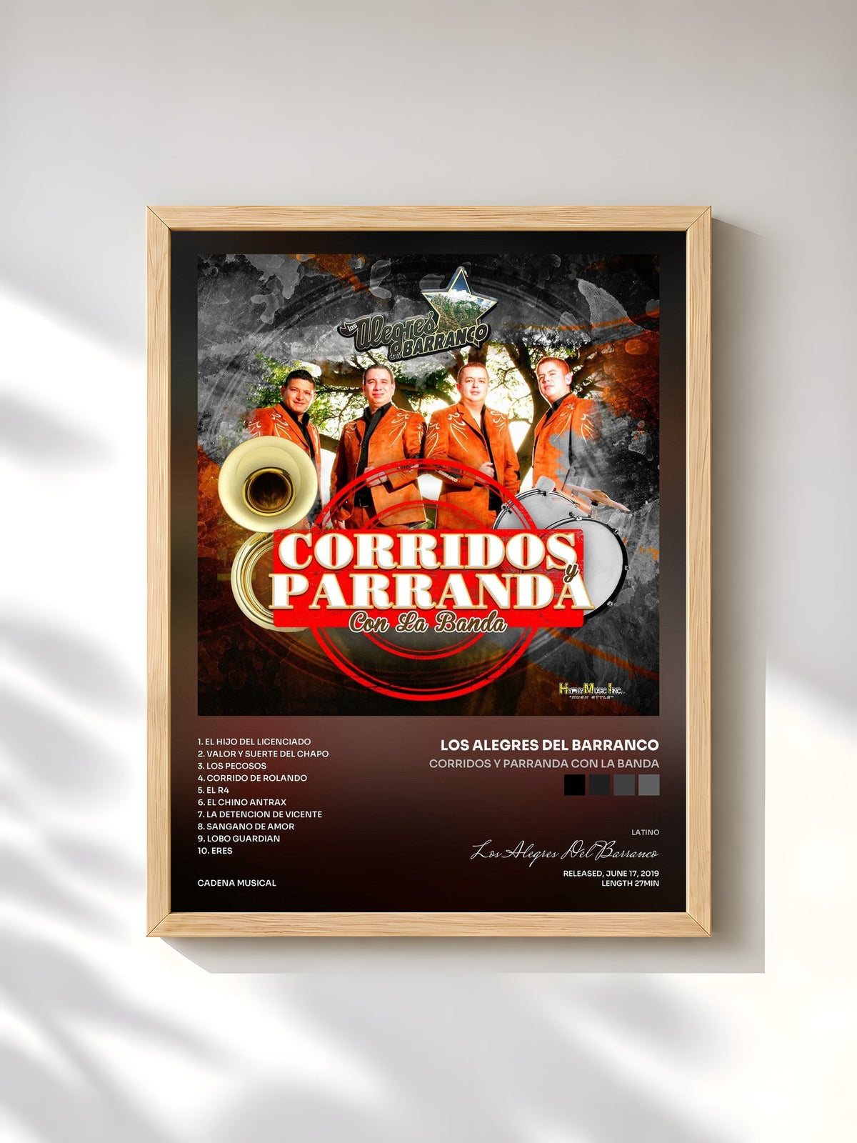 #bois Tableau de l'album Corridos y Parranda Con La Banda de Los Alegres Del Barranco, cadre en bois brut, imprimé et encadré en France