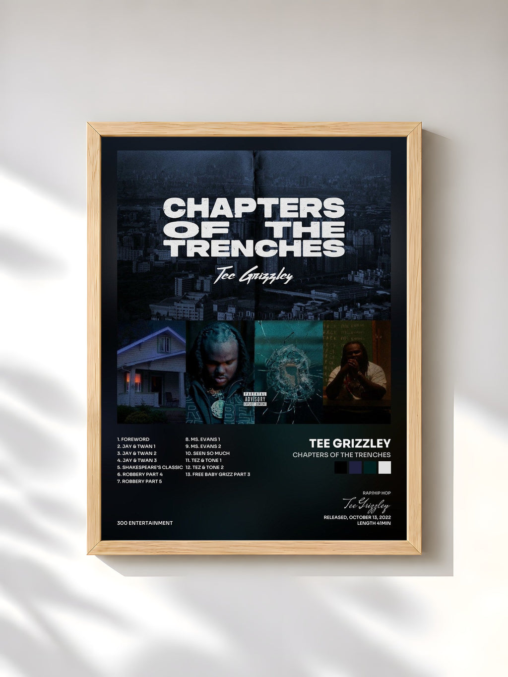 #bois Tableau de l'album Chapters Of The Trenches de Tee Grizzley, cadre en bois brut, imprimé et encadré en France