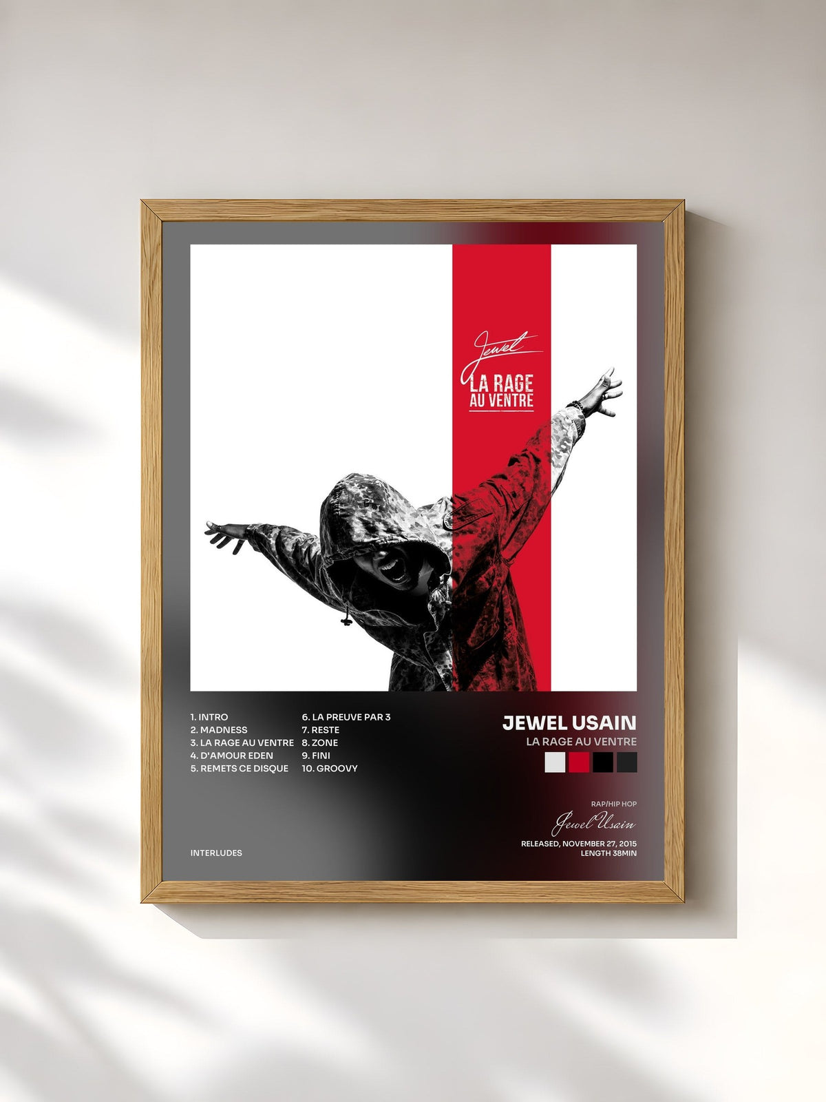 #bois Tableau de l'album La rage au ventre de Jewel Usain, cadre en bois brut, imprimé et encadré en France