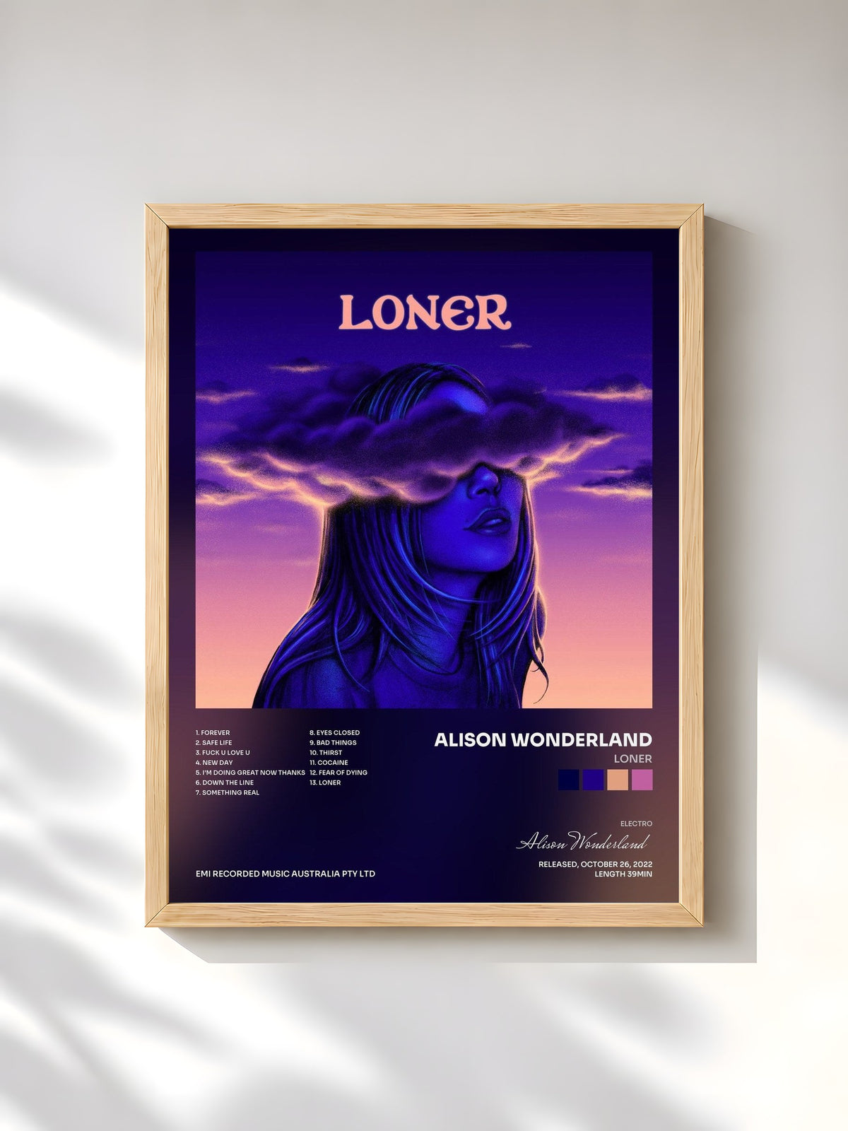 #bois Tableau de l'album Loner de Alison Wonderland, cadre en bois brut, imprimé et encadré en France