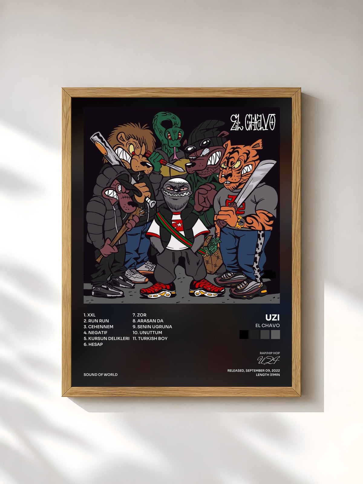 #bois Tableau de l'album EL CHAVO de UZI, cadre en bois brut, imprimé et encadré en France