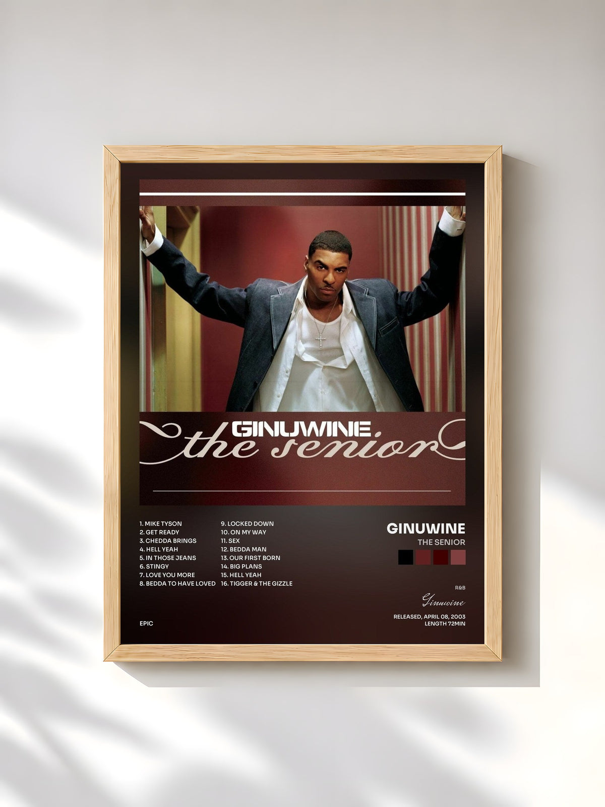 #bois Tableau de l'album The Senior de Ginuwine, cadre en bois brut, imprimé et encadré en France