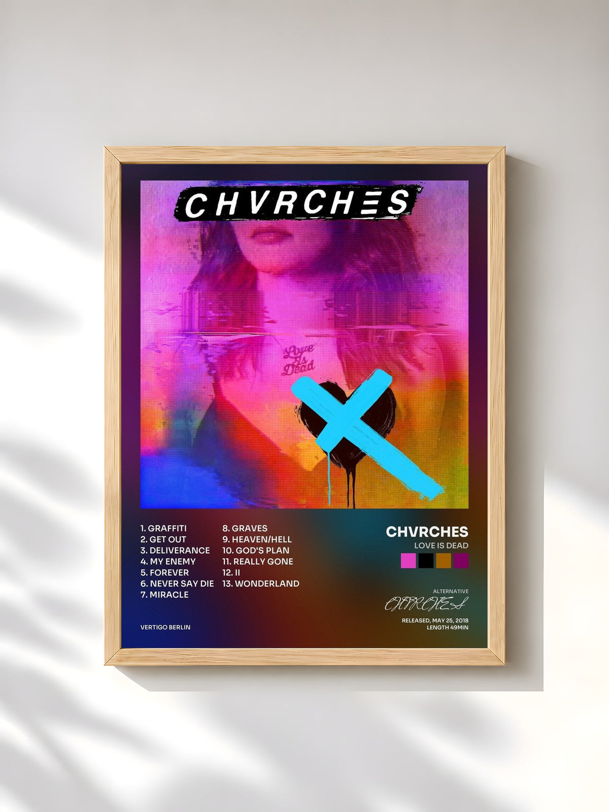 #bois Tableau de l'album Love Is Dead de CHVRCHES, cadre en bois brut, imprimé et encadré en France
