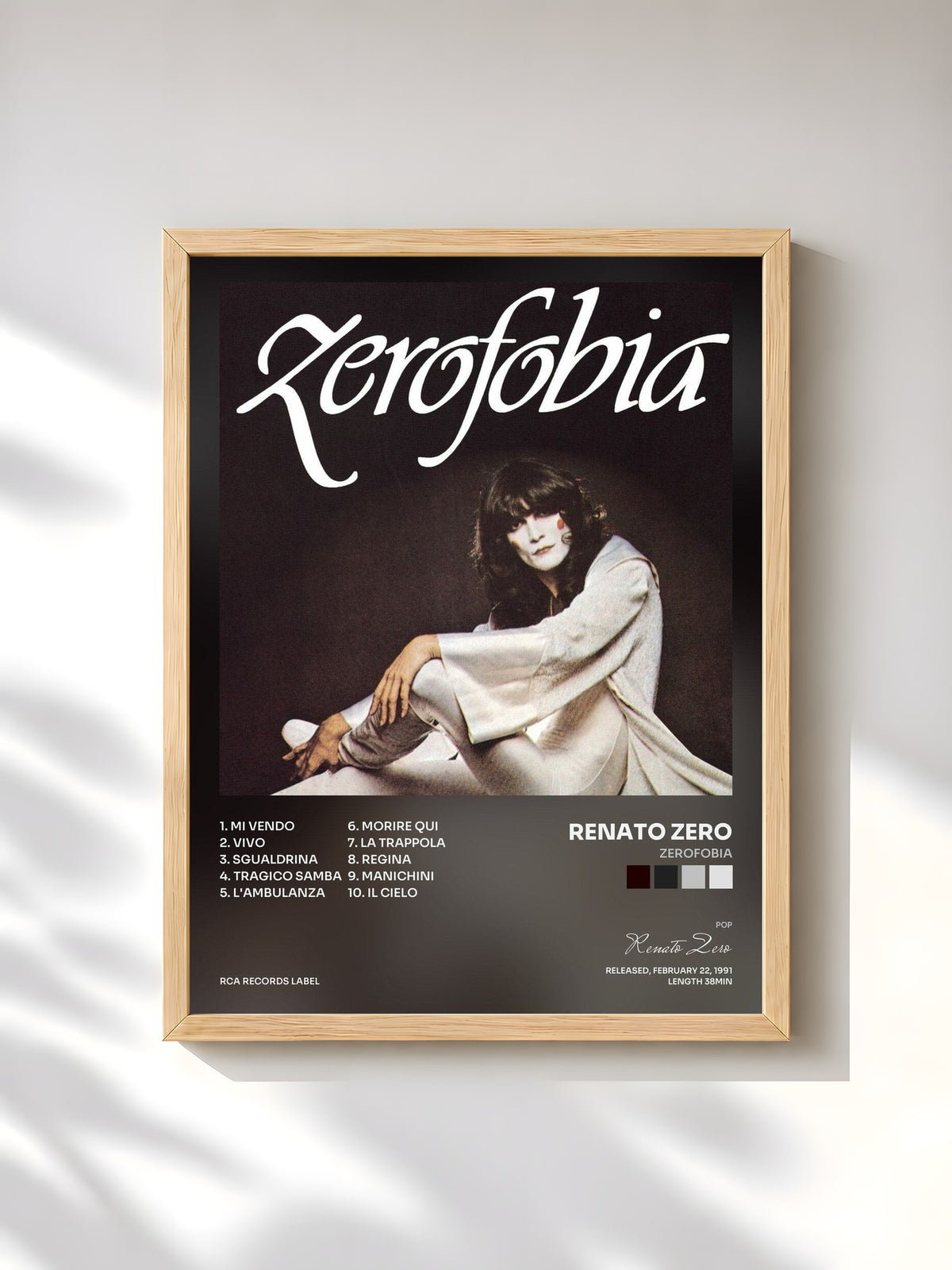 #bois Tableau de l'album Zerofobia de Renato Zero, cadre en bois brut, imprimé et encadré en France