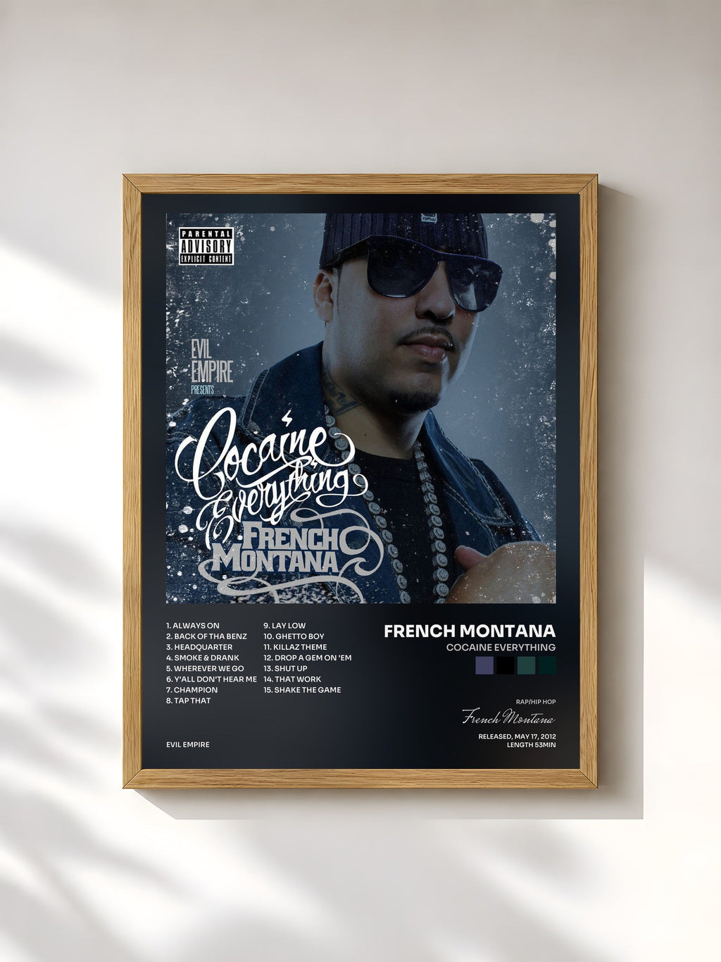#bois Tableau de l'album Cocaine Everything de French Montana, cadre en bois brut, imprimé et encadré en France
