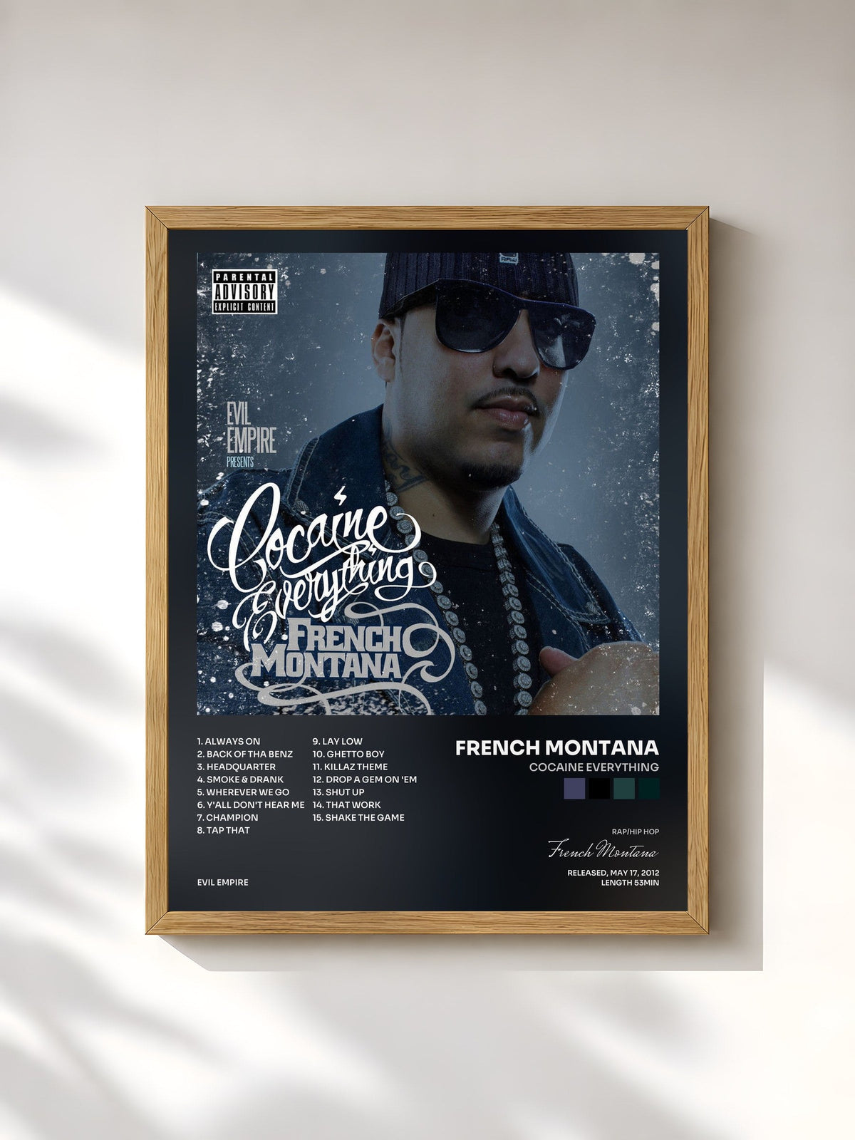 #bois Tableau de l'album Cocaine Everything de French Montana, cadre en bois brut, imprimé et encadré en France