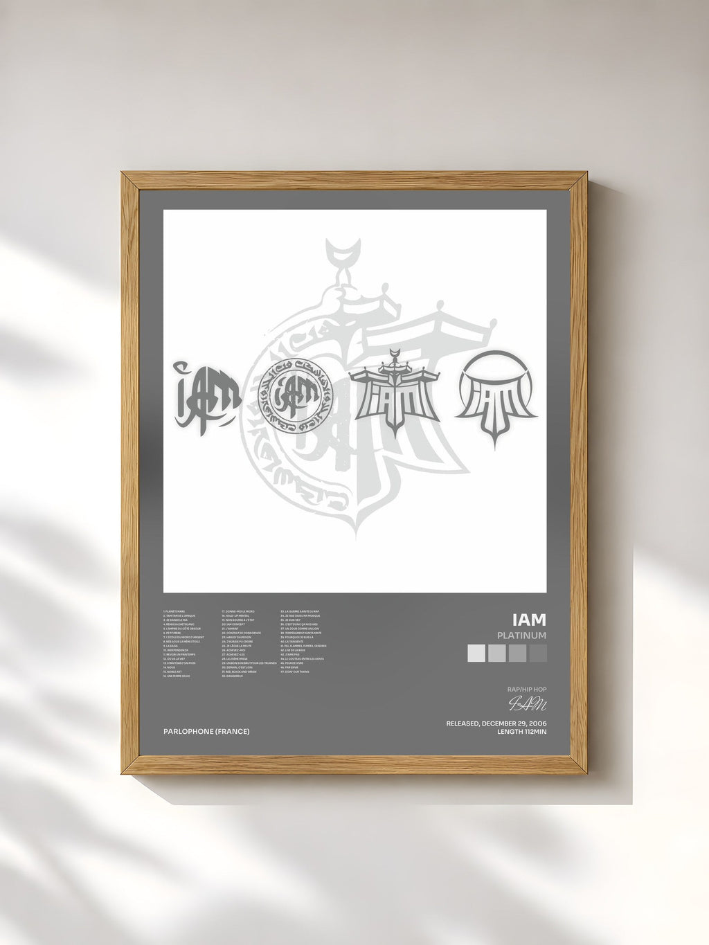 #bois Tableau de l'album Platinum de IAM, cadre en bois brut, imprimé et encadré en France