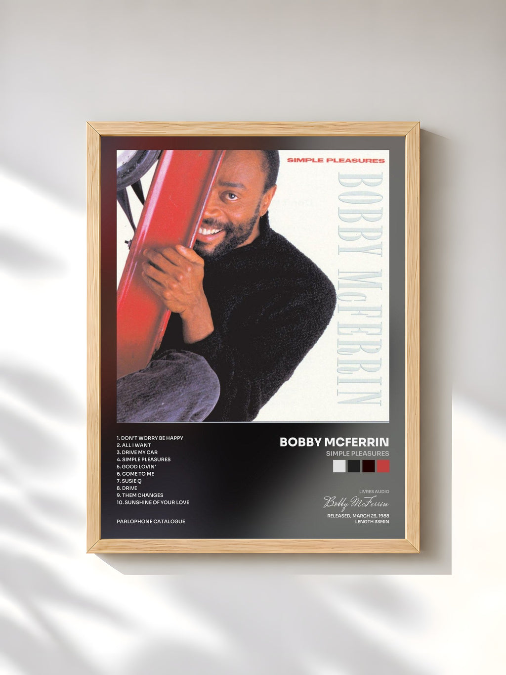 #bois Tableau de l'album Simple Pleasures de Bobby McFerrin, cadre en bois brut, imprimé et encadré en France