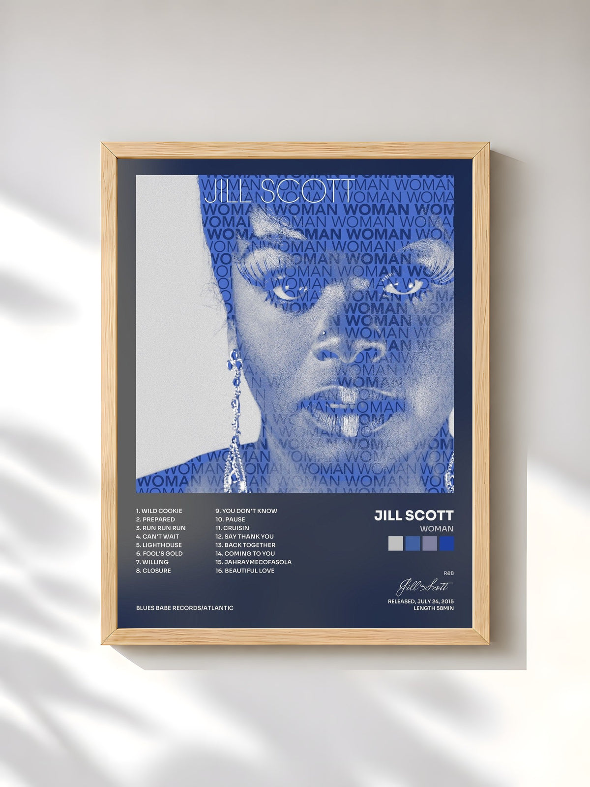 #bois Tableau de l'album Woman de Jill Scott, cadre en bois brut, imprimé et encadré en France
