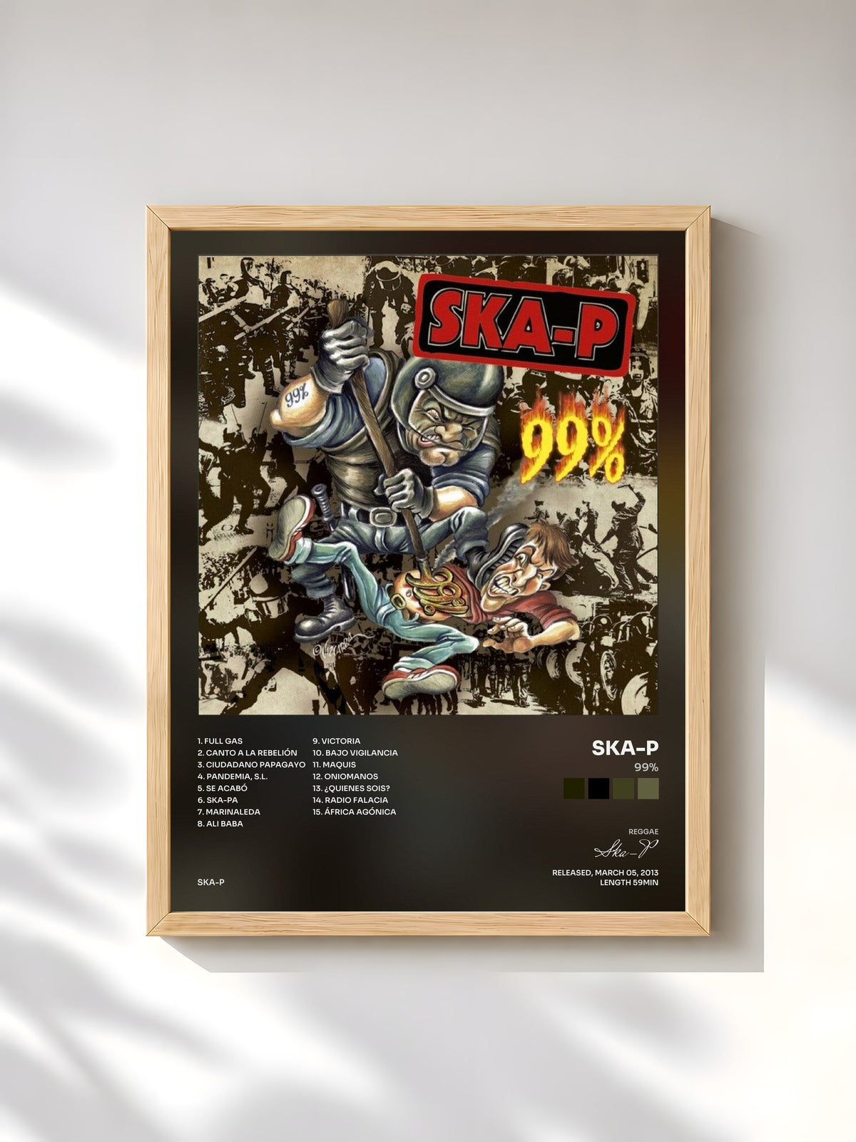 #bois Tableau de l'album 99% de Ska-P, cadre en bois brut, imprimé et encadré en France