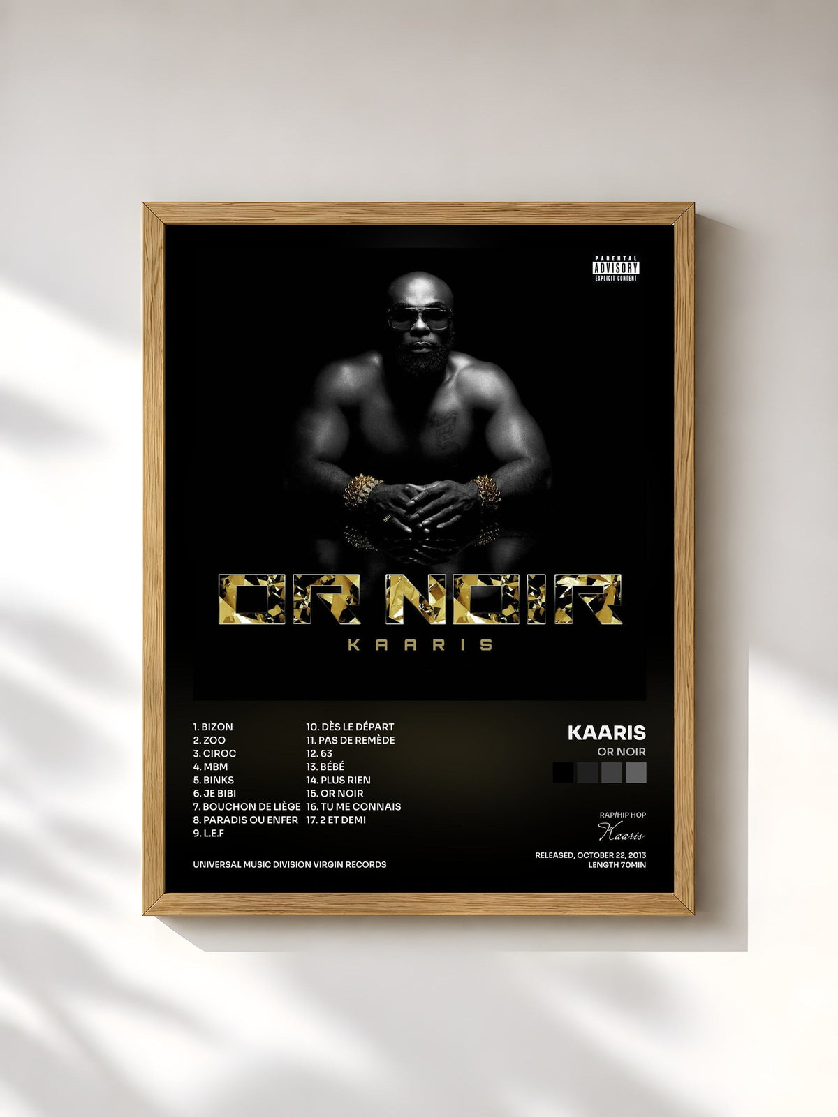 #bois Tableau de l'album Or Noir de Kaaris, cadre en bois brut, imprimé et encadré en France