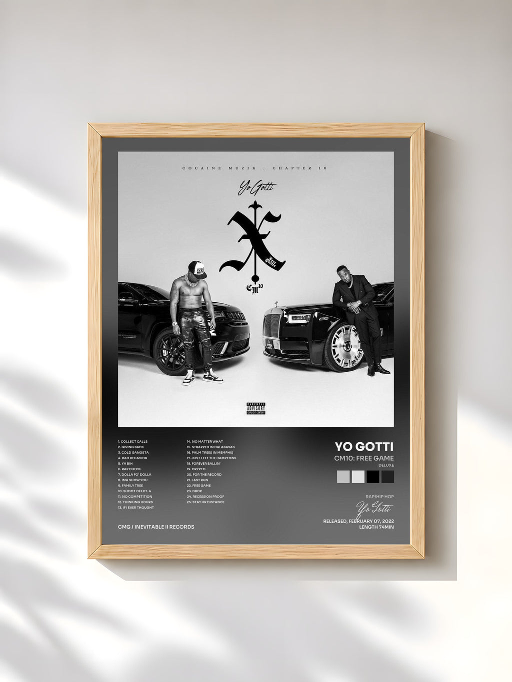 #bois Tableau de l'album CM10: Free Game (Deluxe) de Yo Gotti, cadre en bois brut, imprimé et encadré en France