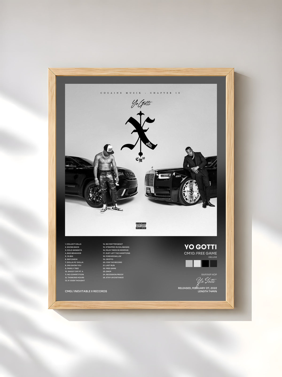 #bois Tableau de l'album CM10: Free Game (Deluxe) de Yo Gotti, cadre en bois brut, imprimé et encadré en France