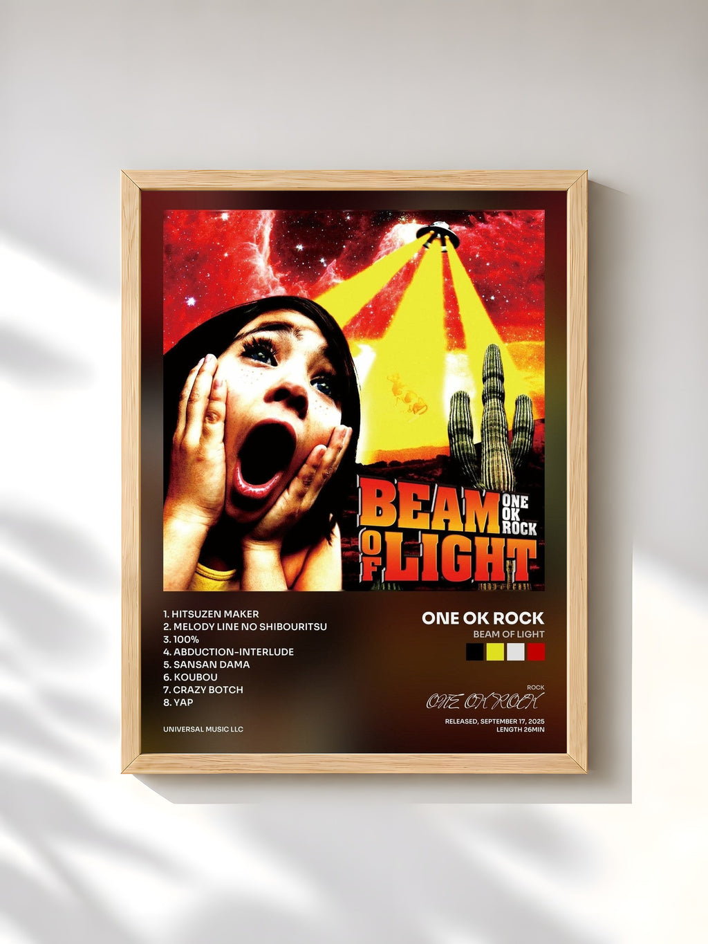 #bois Tableau de l'album BEAM OF LIGHT de ONE OK ROCK, cadre en bois brut, imprimé et encadré en France