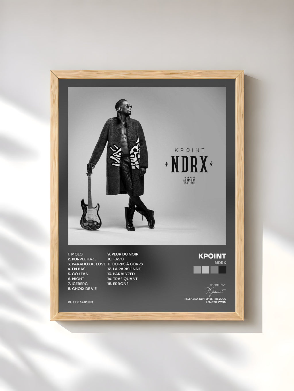 #bois Tableau de l'album NDRX de Kpoint, cadre en bois brut, imprimé et encadré en France