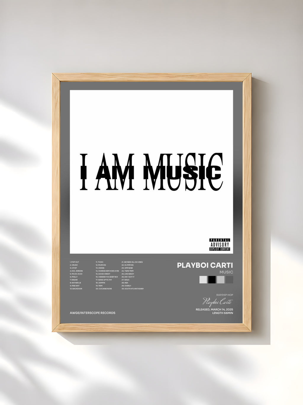 #bois Tableau de l'album MUSIC de Playboi Carti, cadre en bois brut, imprimé et encadré en France